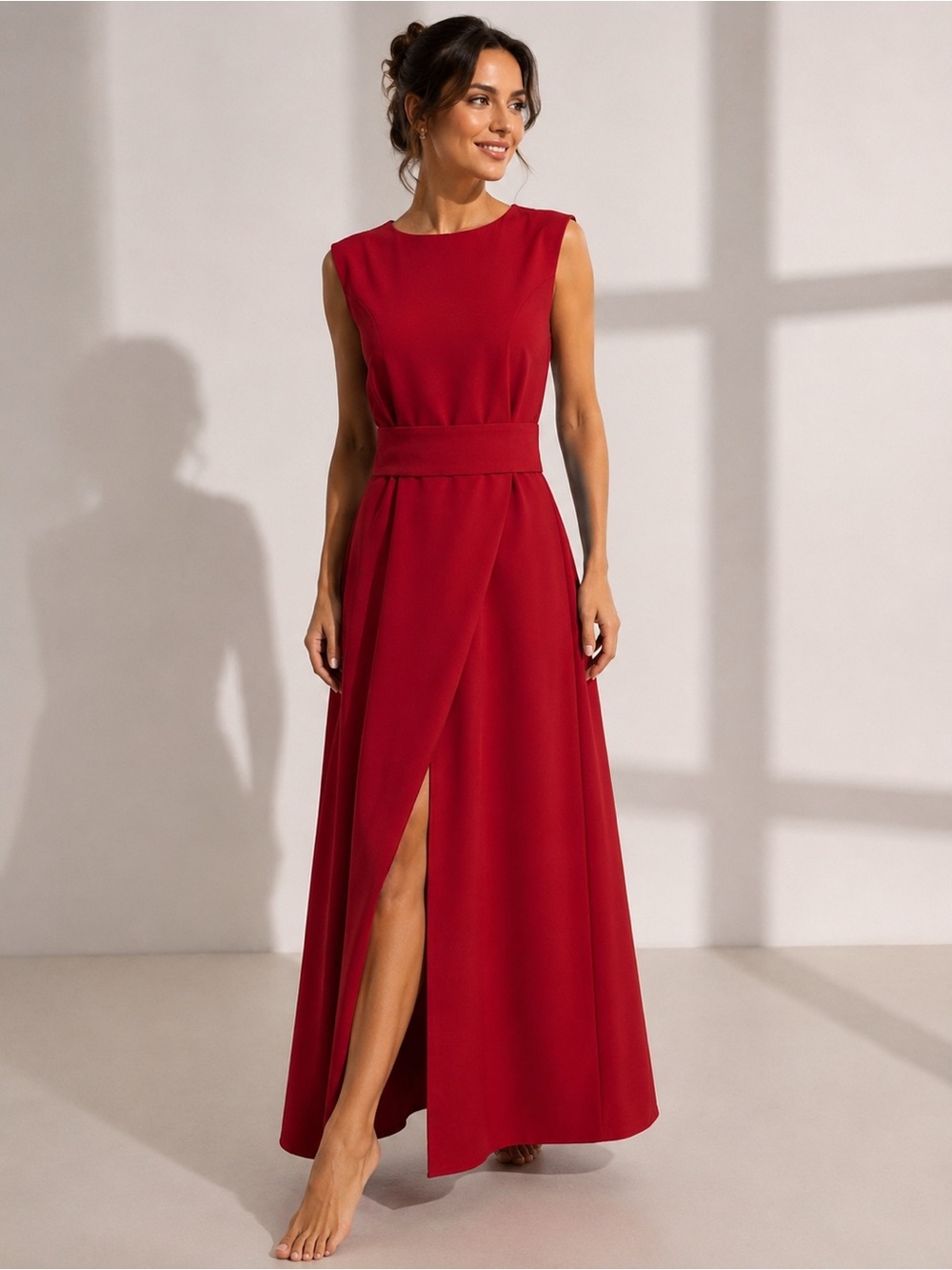 Laura Bettini Red Maxi Dress with Waistband and Front Slit